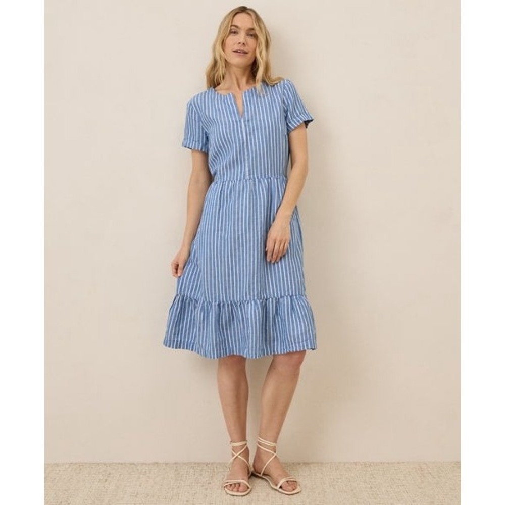 Pact Canopy Linen Blend Notch Neck Striped Midi Dress Blue White L NWOT